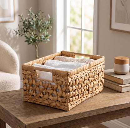 NAYA 11.6" Water Hyacinth Medium Wicker Shelf Basket – Storage Bin | Handwoven water hyacinth shelf basket with sturdy handles for pantry, towels and everyday home organization.