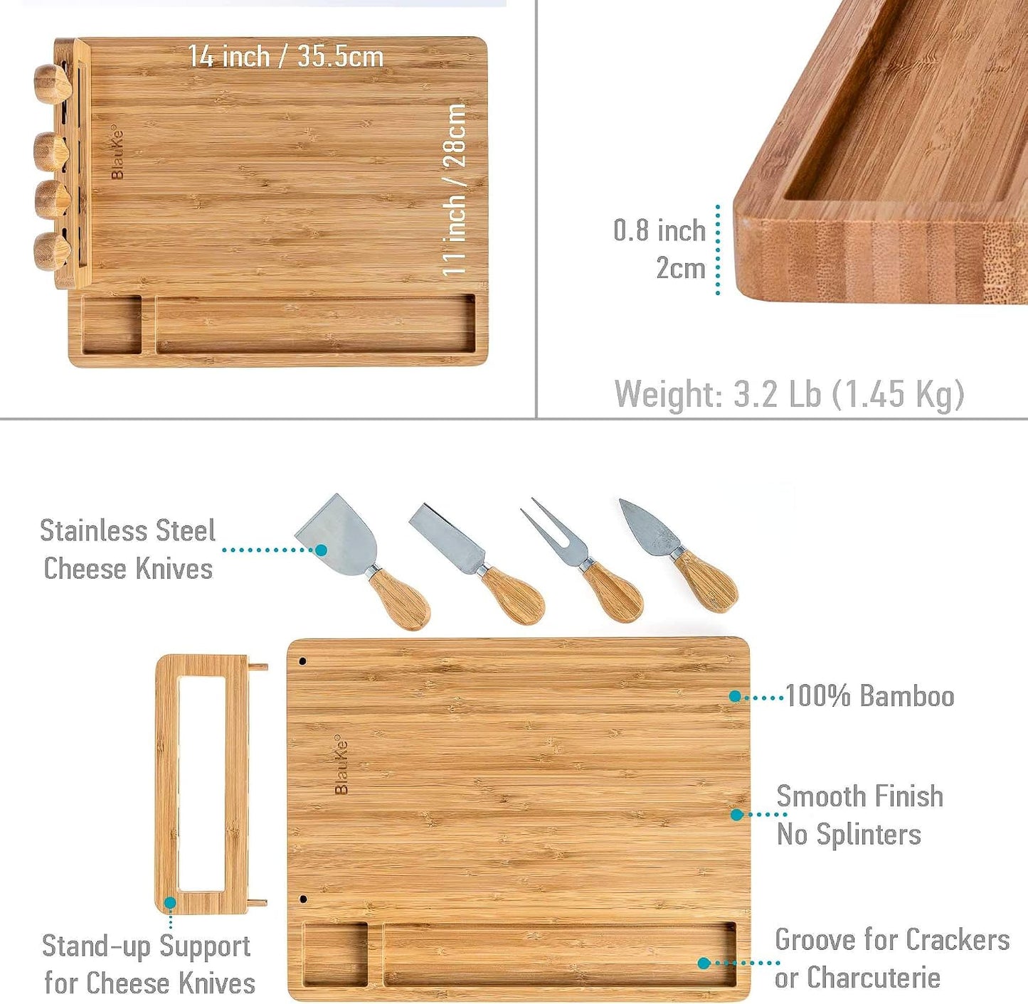 Bamboo Cheese Board and Knife Set – 14 inch Round Charcuterie Board, Serving Tray, Platter, Wood Cheeseboard Set with Slide-Out Drawer – BlauKe®