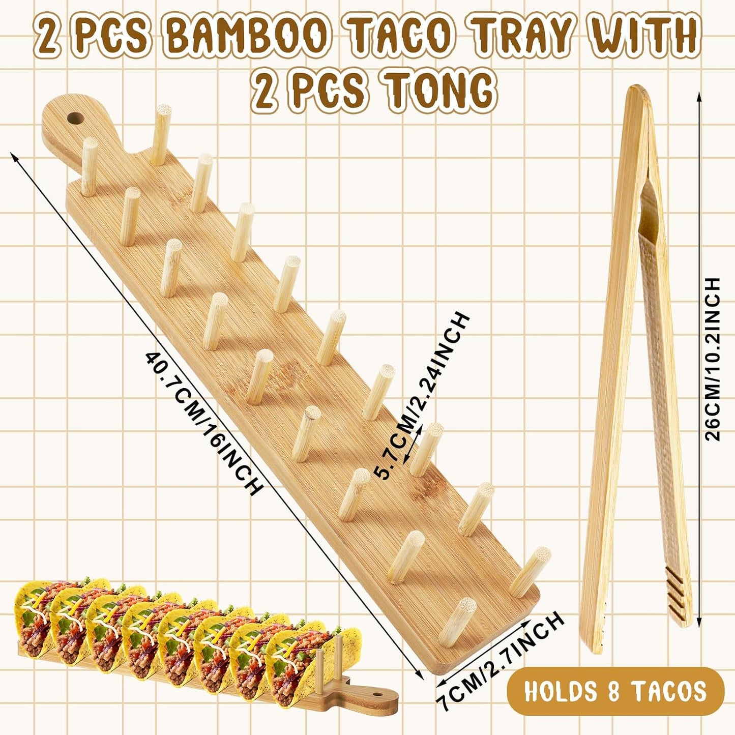 Kigley Wood Taco Holder Set of 4 Bamboo Mini Taco Tray with Tong Stand with Handle Wooden Rack, Each Holds 8 Soft or Hard Shell for Charcuterie Food Kitchen Gifts Accessories Home