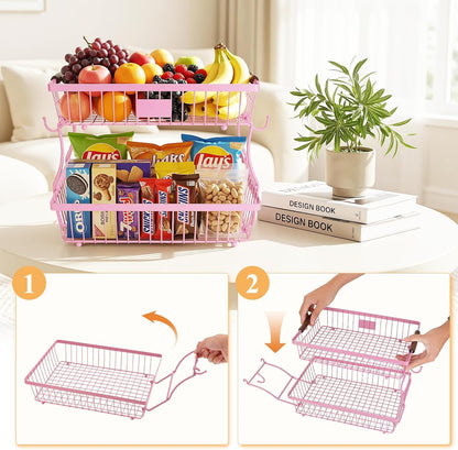 2-Tier Stackable Wire Basket with 2 Banana Hooks, Pantry Organizer for Kitchen Countertops, Cabinets & Under-Sink Spaces; Ideal for Storing Snacks, Fruits, Veggies, Onions, Potatoes, & More,Black