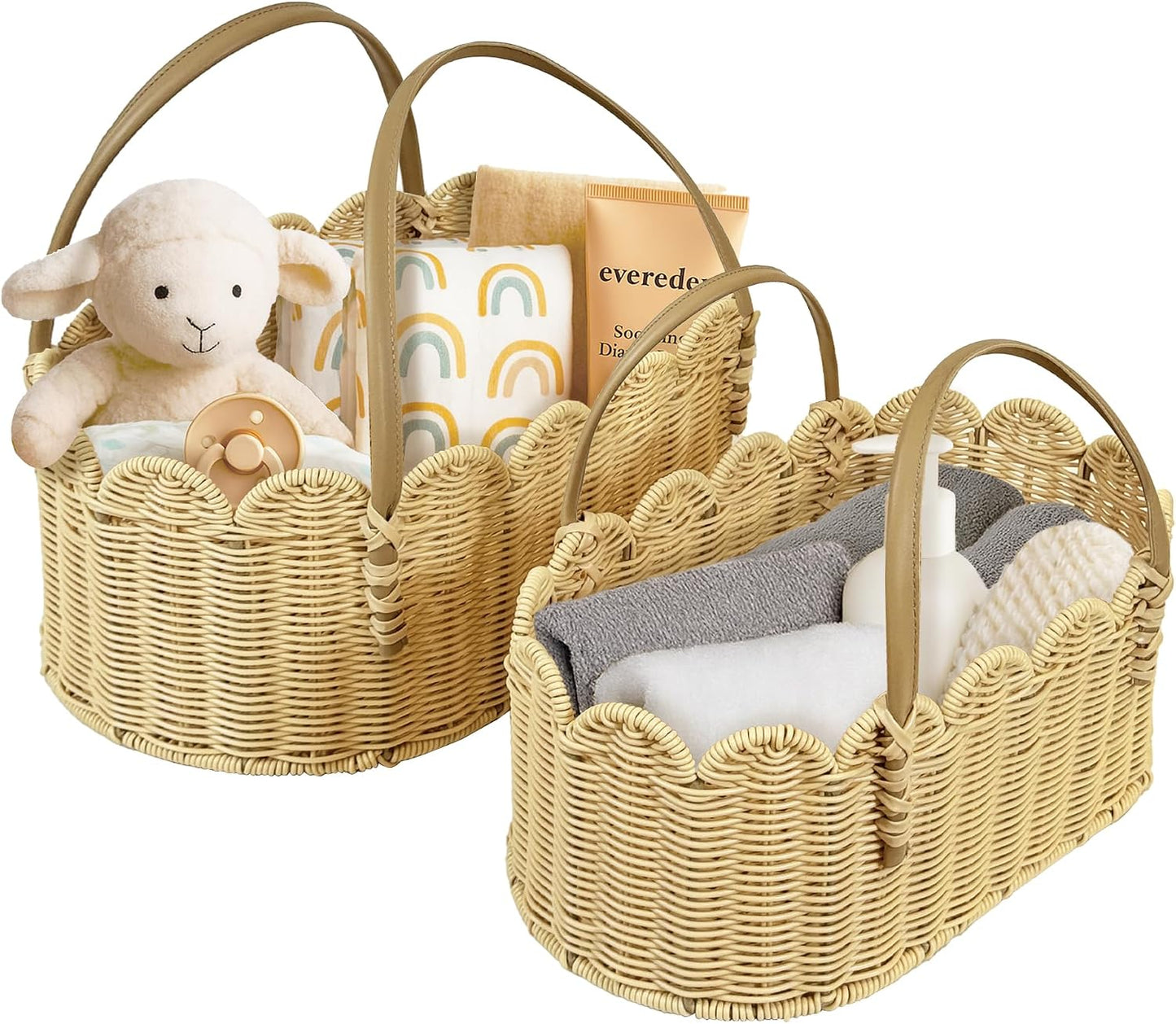 Rattan Picnic Basket with Handle, Wicker Picnic Basket with Scalloped Edge, Garden Harvest Basket, Woven Baskets for Vegetable & Fruit, 2 Pack