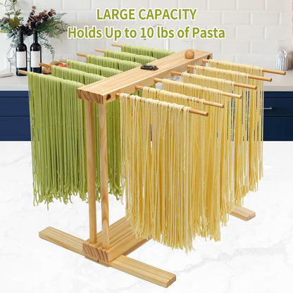 Collapsible Pasta Drying Rack, Wood Pasta Dryer Hanger Rack, Spaghetti Noodle Drying Hanging Rack Stand with 12 Bars and Transfer Wand, Foldable for Easy Storage