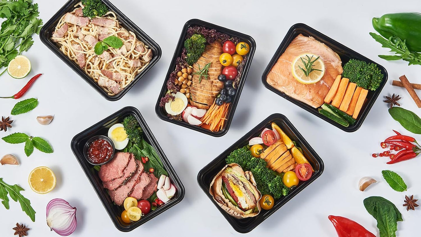 FULING 32 oz 50 ct Round Meal Prep Containers with Lids Plastic Food Storage Lunch Plan To Go Box Disposable Take Out Bowls Black BPA Free Reusable Durable Stackable Microwave Freezer Dishwasher Safe
