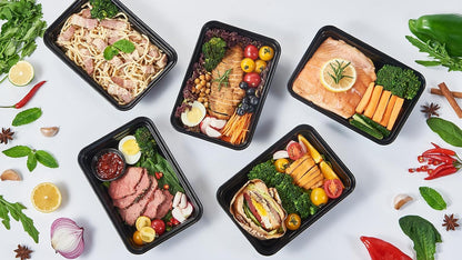 FULING 32 oz 50 ct Round Meal Prep Containers with Lids Plastic Food Storage Lunch Plan To Go Box Disposable Take Out Bowls Black BPA Free Reusable Durable Stackable Microwave Freezer Dishwasher Safe