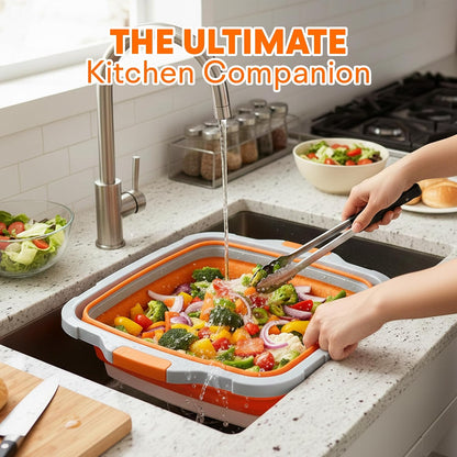 2-Pack XL Collapsible BBQ Prep Tub with Built-in Cutting Board, Lid & Strainer – Multipurpose Meal Prep Container for Outdoor Cooking, BBQ Parties, Kitchen & Travel Use (Black)