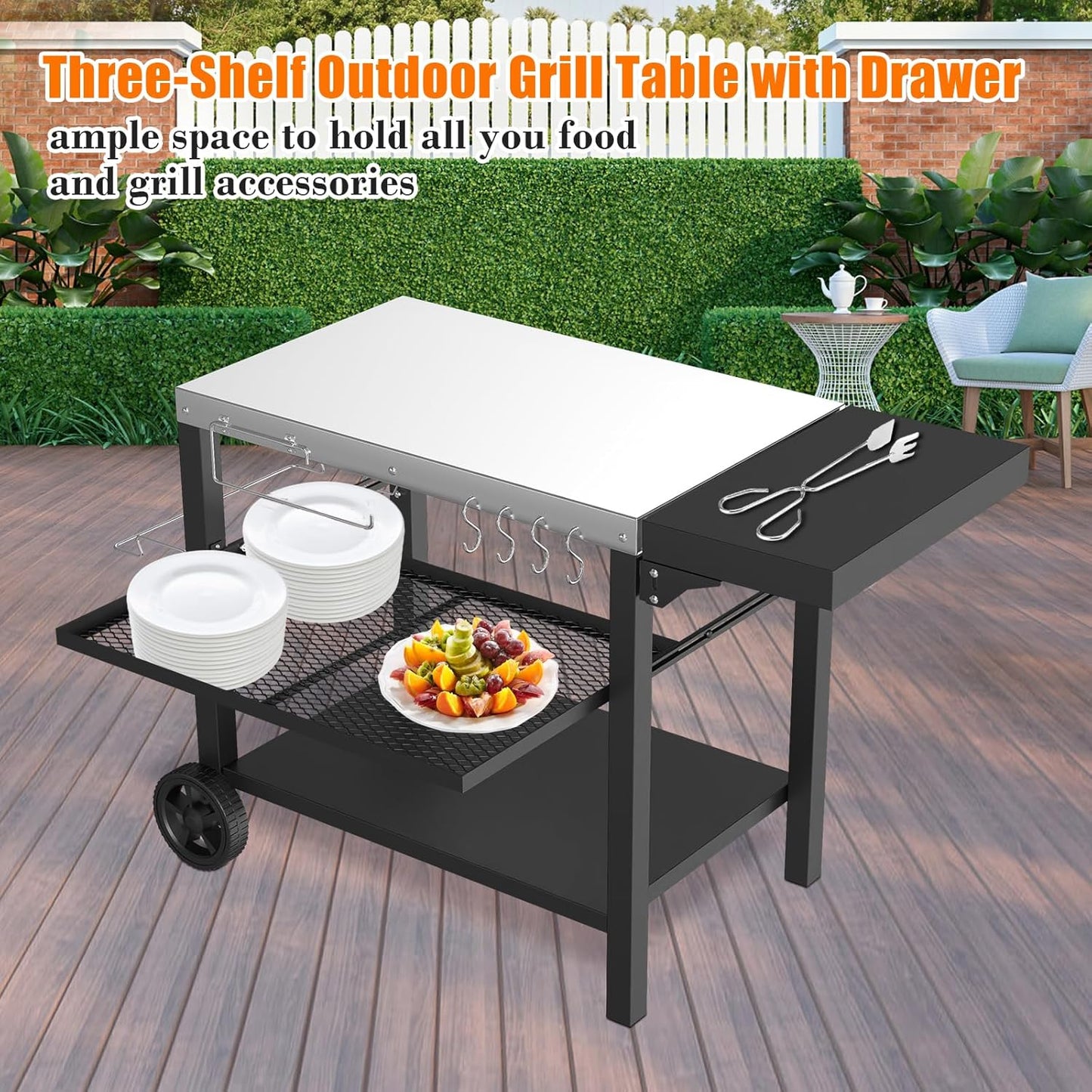 Outdoor Pizza Oven Table for Ninja Woodfire, Blackstone Tabletop Grill, Portable Grill Cart & Food Prep Work Table, Movable Pizza Oven Cart for Backyard BBQ and Patio Parties