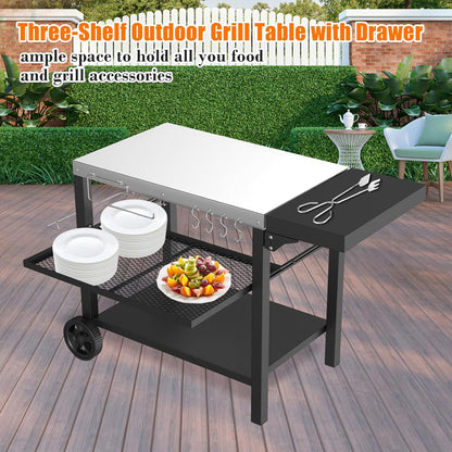 Outdoor Pizza Oven Table for Ninja Woodfire, Blackstone Tabletop Grill, Portable Grill Cart & Food Prep Work Table, Movable Pizza Oven Cart for Backyard BBQ and Patio Parties