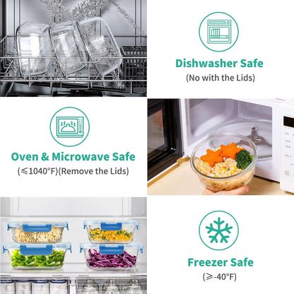 34pcs Glass Food Storage Containers with Lids Set, Airtight Glass Meal Prep Containers (17 Containers & 17 Lids), Leak Proof Lunch Container BPA-Free, Microwave, Oven, Freezer, Dishwasher Safe-Blue