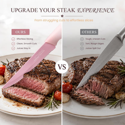 Amorston Steak Knives, Steak Knives Set of 8, Stainless Steel Steak Knife Set, Serrated Knives Dishwasher Safe, Elegant Black Mothers Day Gifts for Women