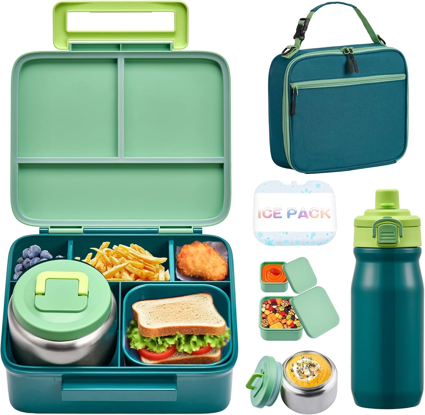 MAISON HUIS Bento Box for Kids with 8oz Soup Thermo, Leak-proof Lunch Food Containers with 5 Compartment, Insulated Lunch Bag & 17oz Stainless Steel Water Bottle for School, Trvael