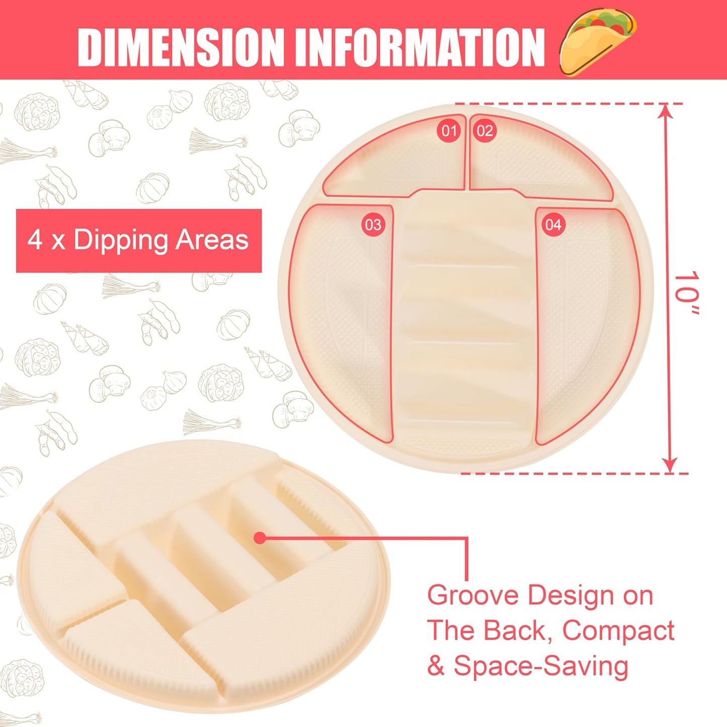 Small Disposable Taco Plates With Dipping Sides - 50 Pack, Biodegradable Cornstarch Taco Holder, Mini Size Fit 4-6 Inch Street Tortilla Shells, Sturdy & Microwave Safe, Bar Serving Set For A Party