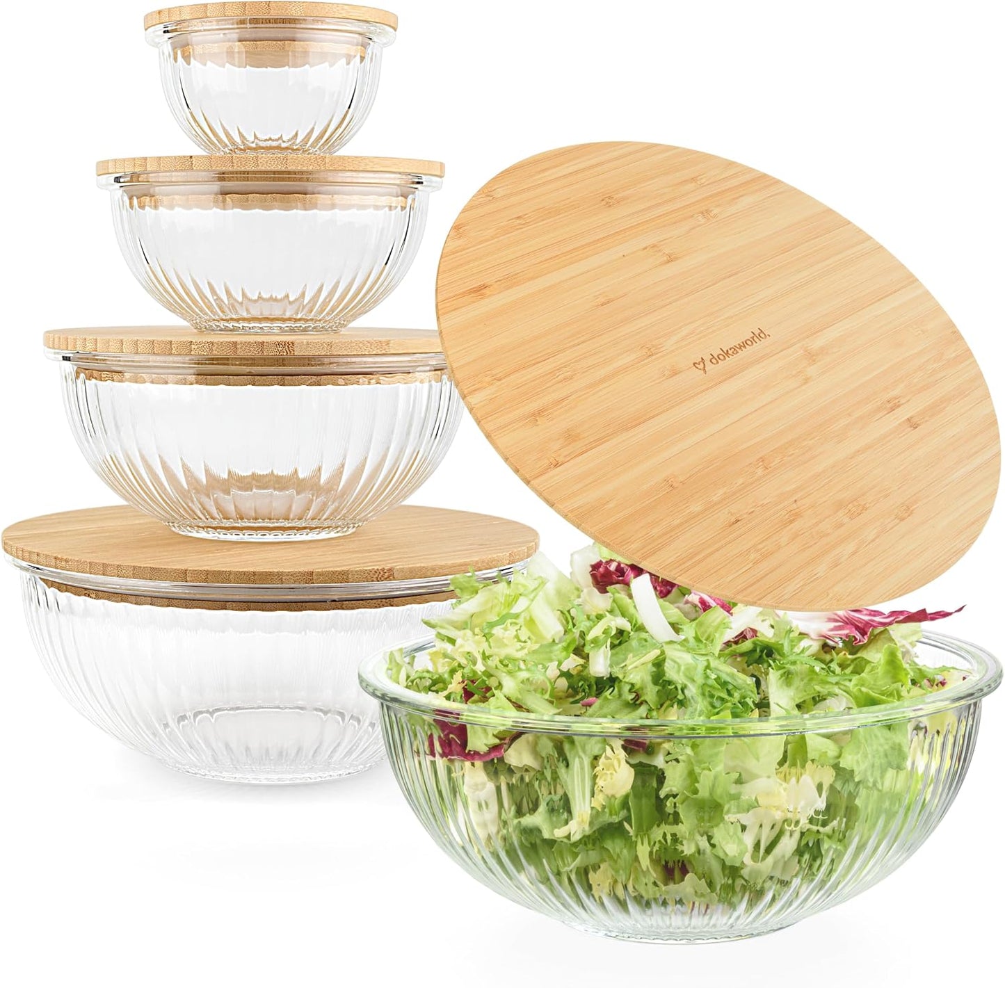 Set of 4 Stackable Space-Saving Nesting Glass Bowls with Airtight Acacia Lids for Lunch, Meal & Food Prep - Microwave & Oven-ready BPA Free Durable Heat Resistant Inert Borosilicate Glass