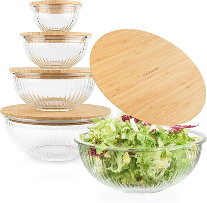 Set of 4 Stackable Space-Saving Nesting Glass Bowls with Airtight Acacia Lids for Lunch, Meal & Food Prep - Microwave & Oven-ready BPA Free Durable Heat Resistant Inert Borosilicate Glass