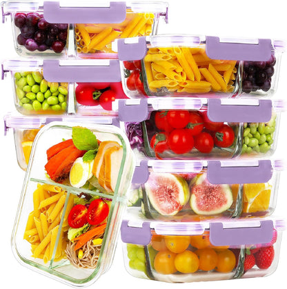 HOMBERKING 8 Pack Glass Meal Prep Containers 3 Compartment, 36oz Glass Food Storage Containers with Lids, Airtight Glass Lunch Bento Boxes, BPA-Free & Leak Proof (8 lids & 8 Containers) - Blue