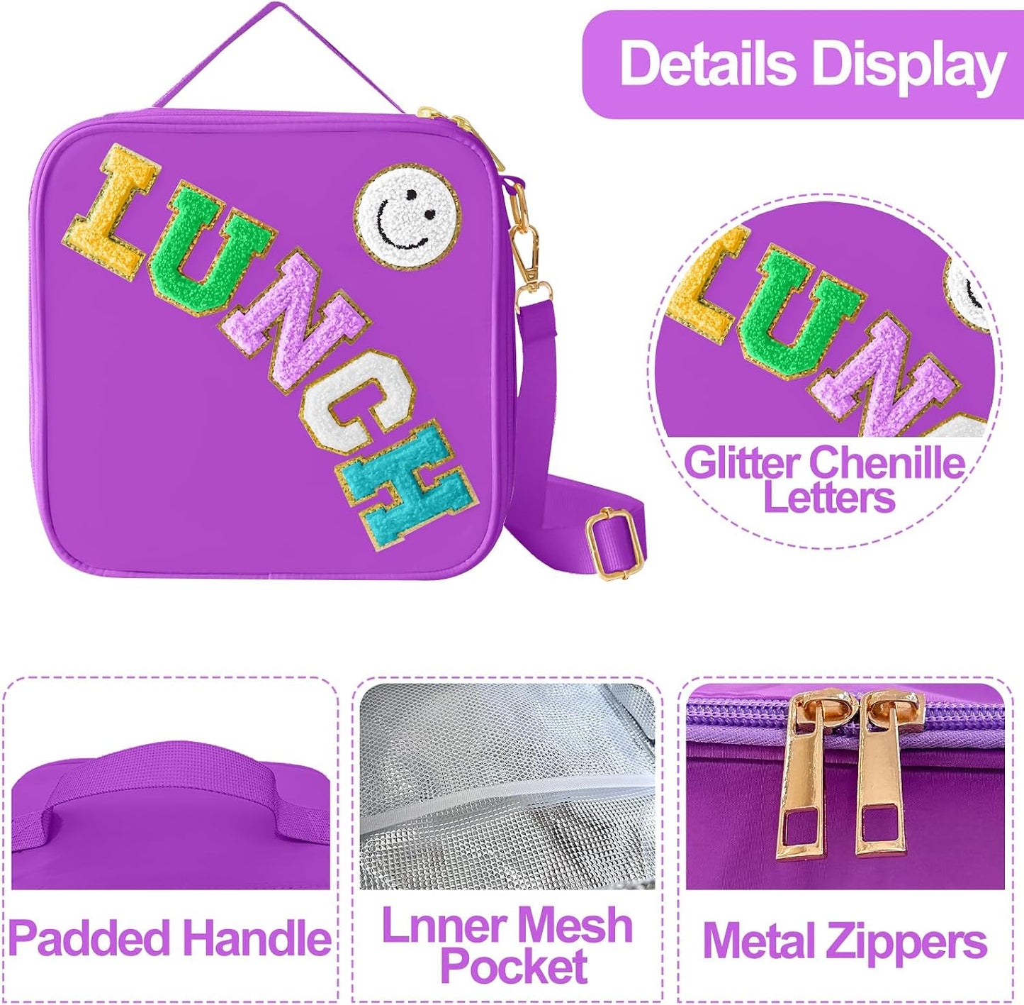 Insulated Lunch Bag With Adjustable Shoulder Strap, Nylon Preppy Lunch Box Large Insulated Lunch Bag Reusable Lunch Tote Bag with Smiley Preppy LunchBag for Girls School Travel Picnic (Green)