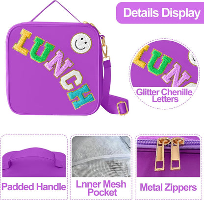 Insulated Lunch Bag With Adjustable Shoulder Strap, Nylon Preppy Lunch Box Large Insulated Lunch Bag Reusable Lunch Tote Bag with Smiley Preppy LunchBag for Girls School Travel Picnic (Green)