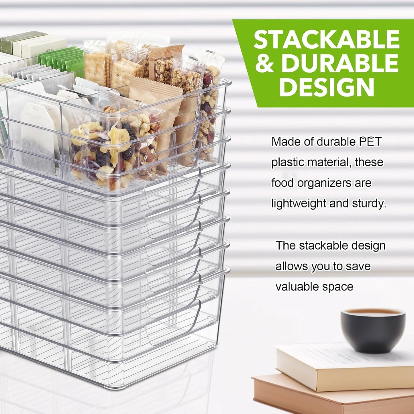 8 Pcs Pantry Organizers Bins, Clear Plastic Stackable Snack Storage Containers with 3 Dividers for Kitchen Cabinet Fridge Shelf Organization, 4 Compartment Holder