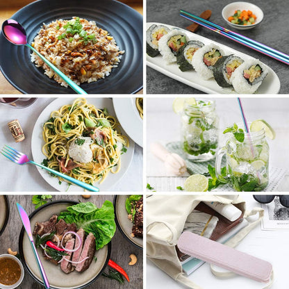AARAINBOW 6 Pieces 18/8 Stainless Steel Flatware Set Portable Reusable Cutlery Set Travel Utensils Set Including Chopsticks Knife Fork Spoon Straws Cleaning Brush Dishwasher Safe (Green golden)