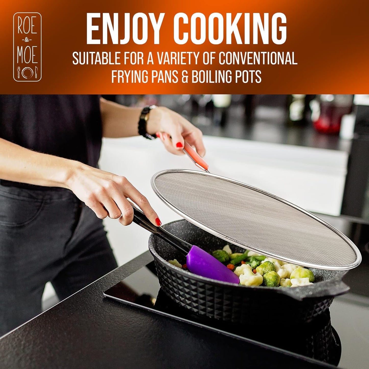 Roe & Moe Splatter Screens - Stainless Steel Splatter Screens for Frying Pan with Insulated Handles - Grease Splatter Guards For Frying Pan that Lets You Create Masterpieces with Ease (Pack of 3)