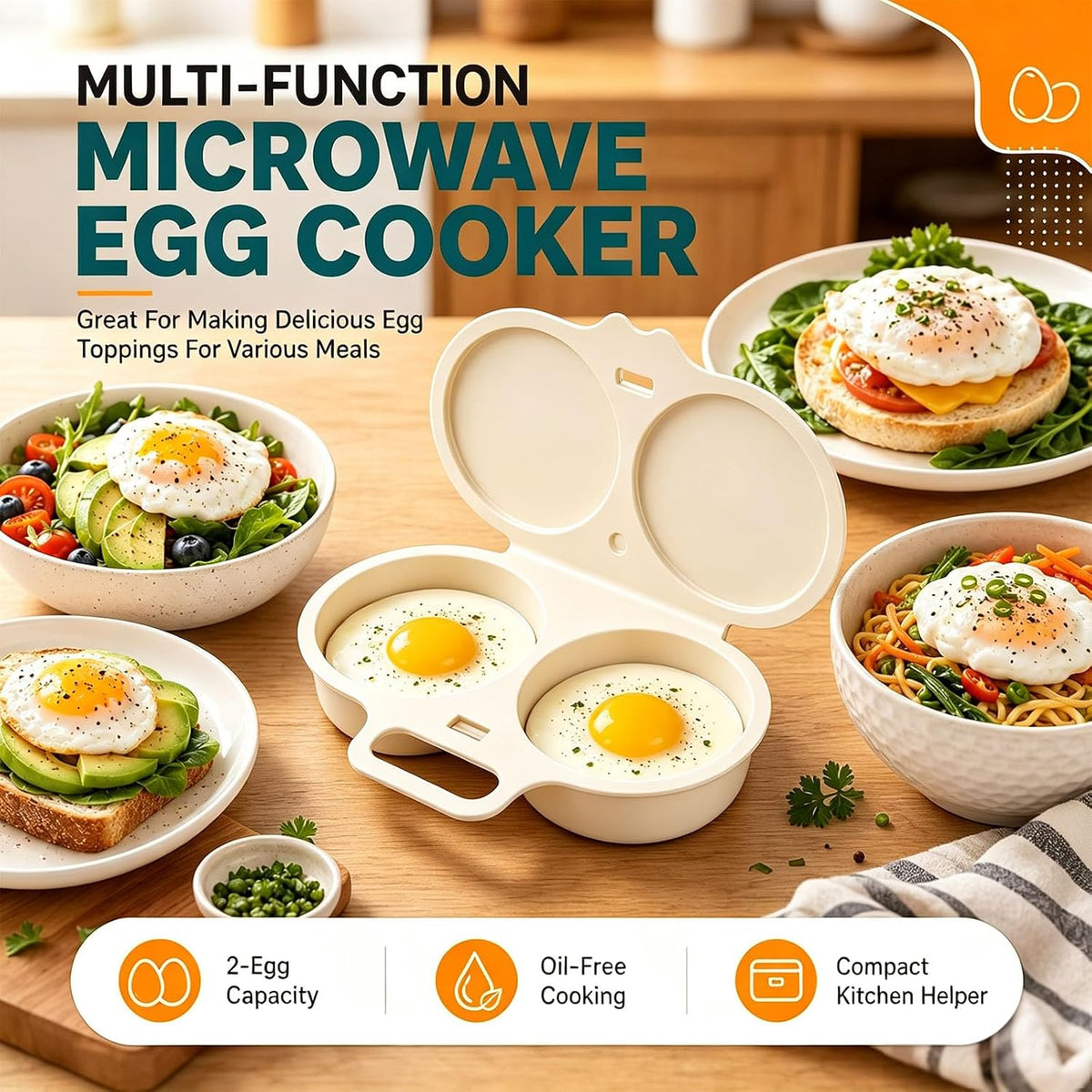 2Pcs Dual Cavity Microwave Egg Poacher, Microwave Egg Cooker for 2 Eggs
