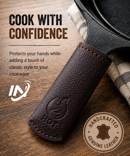 I.N Premium Leather Cast Iron Skillet Handle Cover (Standard 4.5) Thick Leather Heat Resistant Pan Handle Sleeve Holder for Cast Iron Handle Cover & Pans (Handmade)