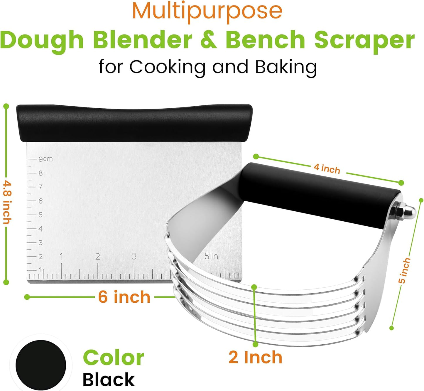 Spring Chef Dough Bench Scraper for Baking with Markings - Stainless Steel Kitchen Dough Cutter Tool with Bowl Pastry Scraper for Pizza, Bread, Pastries - Bench Knife - Dishwasher Safe - Black