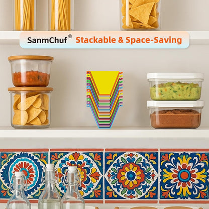 Microwave Safe Taco Holder Set of 12, Colorful Taco Stand with 2 Condiment Dishes,Taco Tray Plates for Taco Bar Gifts & Accessories,Large Plastic Stackble&Convenient Taco Shell Rack,BPA-Free