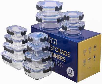 MFY 12-Pack Glass Storage Containers with Lids, Glass Meal Prep Containers Set, Airtight Lunch Containers with Lids, Microwave, Oven, Freezer and Dishwasher Safe, Gray