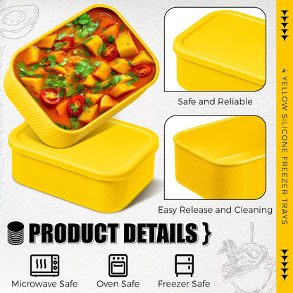 Nuogo 4 Pcs 6 Cup Silicone Freezer Trays with Lid Soup Containers Reusable Freezer Silicone Molds Rectangle Containers Ice Trays for Soups Sauces Stews Curries, Yellow