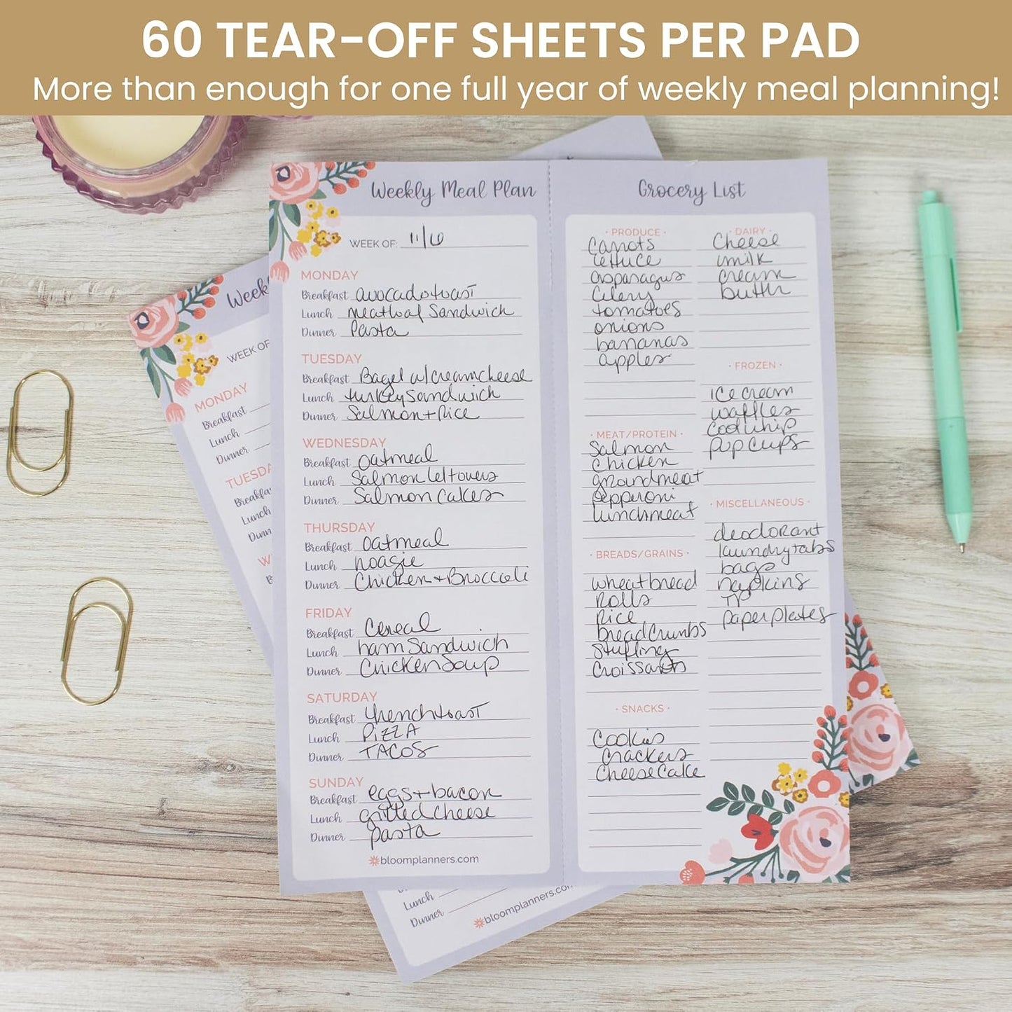 bloom daily planners Horizontal Weekly Magnetic Meal Planning Pad for Fridge with Tear-Off Grocery Shopping List - Hanging Food/Menu Organizer Notepad with Magnets - 8.5” x 11” - Lemons