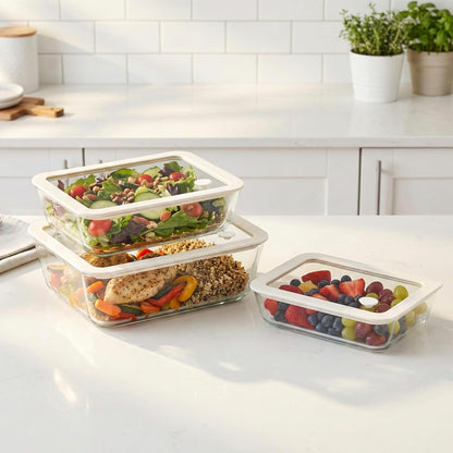 Urban Green Glass Food Container Set with Glass Lid, 3 Pack, Food Storage Containers Set, Airtight, LeakProof, 100% Plastic Free, Meal Prep Containers (White Color)