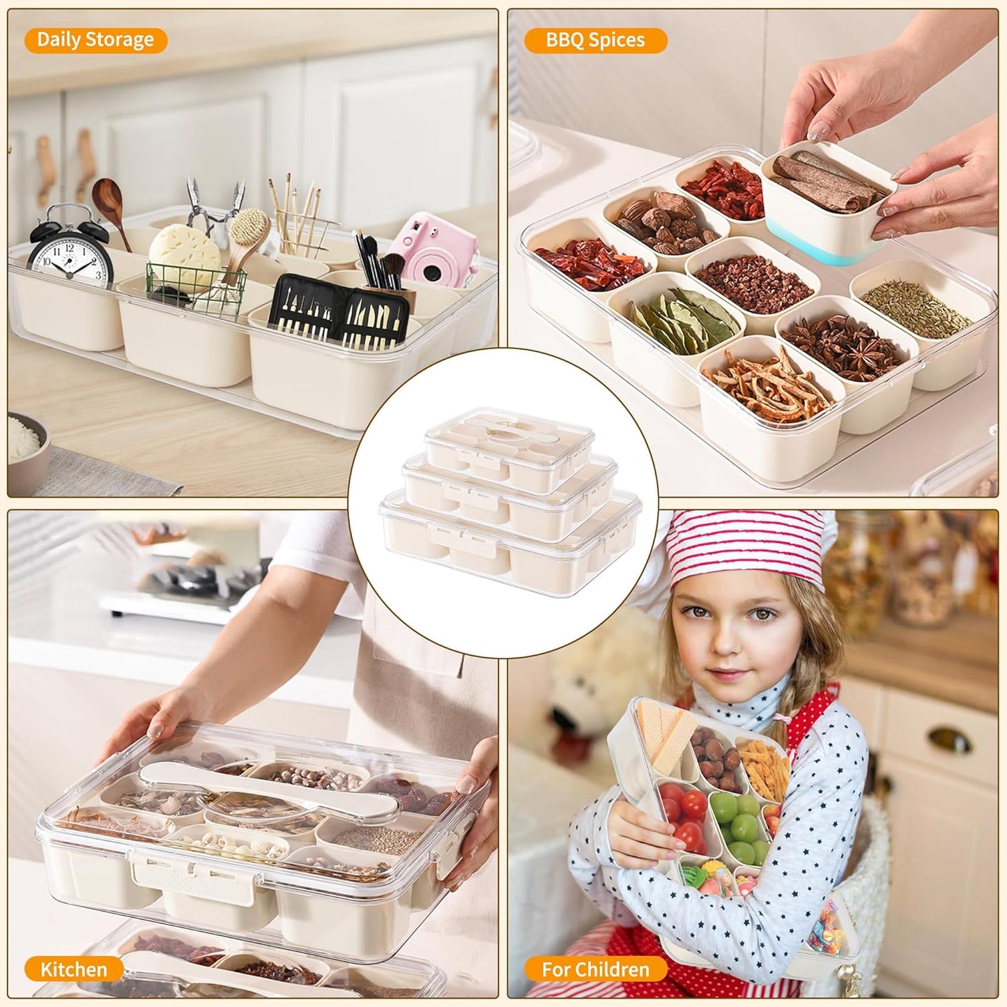 VIDONIO Divided Serving Tray with Lid & Handle - 9 Compartments Portable Snack Platter Organizer Fresh-Keeping Box for Candy Fruit Nuts Spice Charcuterie Container for Entertaining Party Travel Picnic