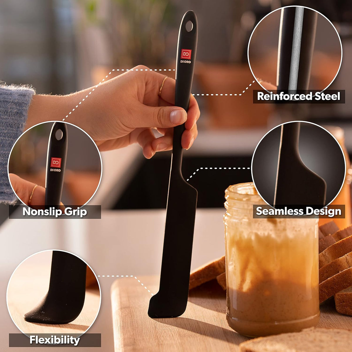 DI ORO Silicone Jar Spatula Set - 600F Heat Resistant, 5-Pc Red