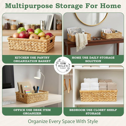 Water Hyacinth Storage Baskets – Handwoven Wicker Organizer with Built‑In Handles, Natural Decorative Basket for Shelves, Pantry, Bathroom, Bedroom