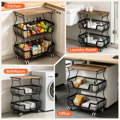 2 Pack 3-Tier Rolling Kitchen Storage Cart Fruit Basket Stand for Vegetables & Snacks Stackable Wire Pantry Floor Organizer with Wheels for Kitchen, Living Room, Bedroom, Office (Black)