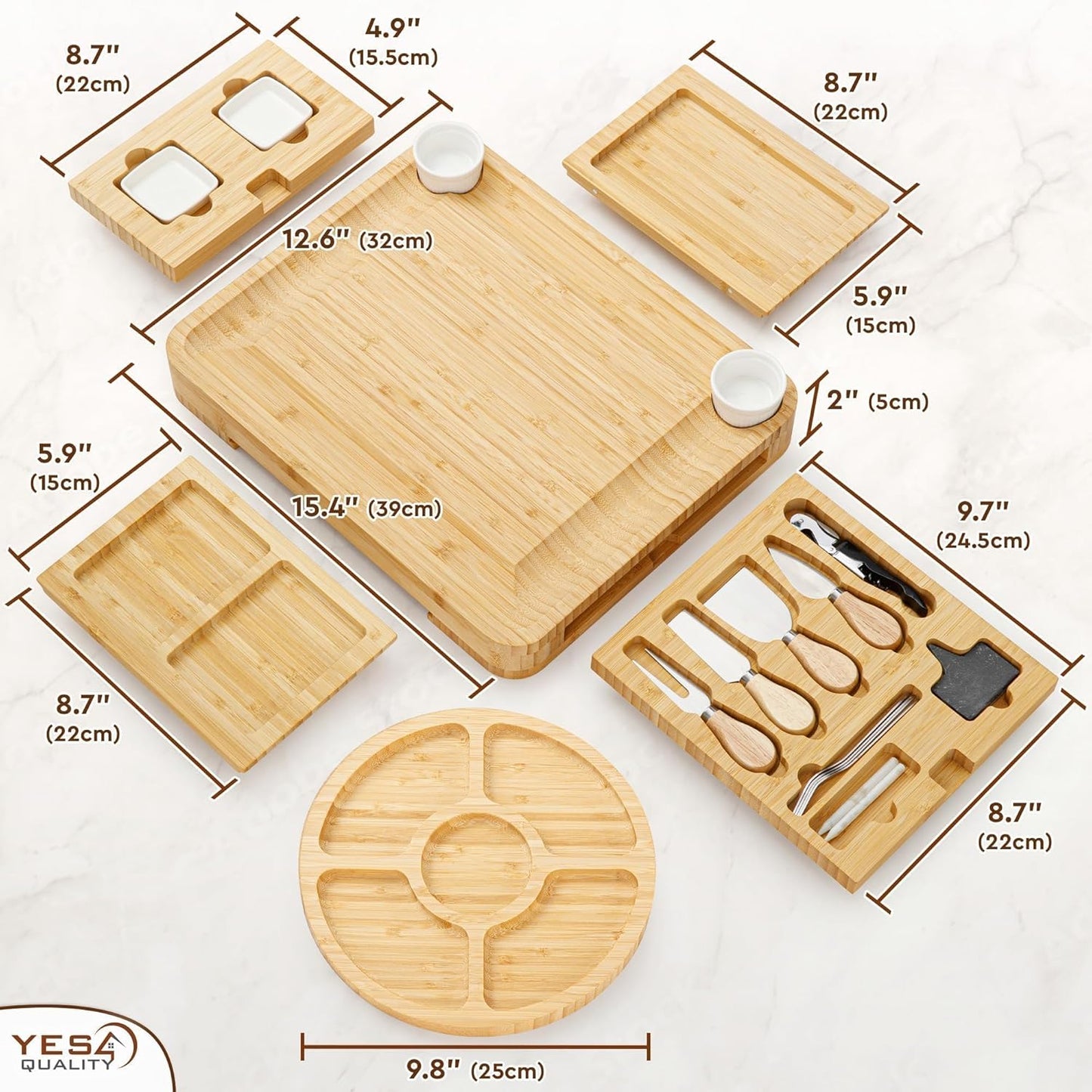 Charcuterie Boards Cheese Board Premium Gift Set - 23 Pieces, Bamboo - Large Size Plus Fruit Tray with Utensil Drawer, Knives, Forks, Wine Opener for Birthday Present, Housewarming, Wedding Shower