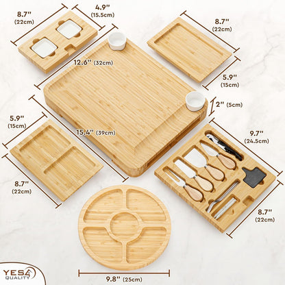 Charcuterie Boards Cheese Board Premium Gift Set - 23 Pieces, Bamboo - Large Size Plus Fruit Tray with Utensil Drawer, Knives, Forks, Wine Opener for Birthday Present, Housewarming, Wedding Shower