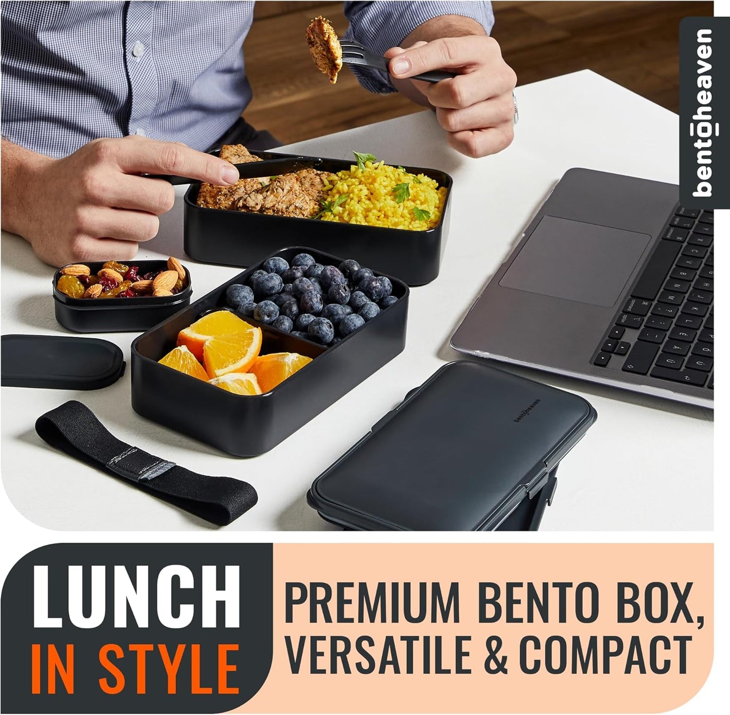 Bentoheaven Premium Bento Box Adult Lunch Box with Compartments for Women & Men, Set of Utensil & Chopsticks & Dip Container, Cute Japanese Kids Bento Lunch Box, Microwavable (Symph Onyx)