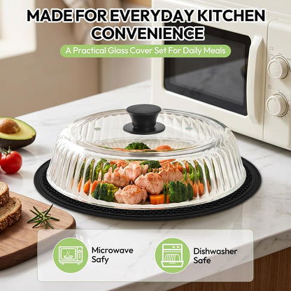 Glass Microwave Cover for Food, 10 Inch Heat Resistant Splatter Guard Lid with Silicone Mat & Vent Holes, Borosilicate Glass Dishwasher Safe, BPA-Free No Plastic