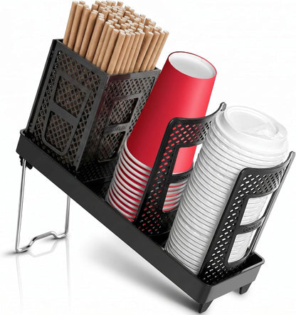 Paper Cup and Lid Holder, Disposable Coffee Cup Dispenser, 3-Slot Upright Paper Cup Dispenser for Coffee Stations, Kitchens, Bars, Restaurants, Lounges (Black)