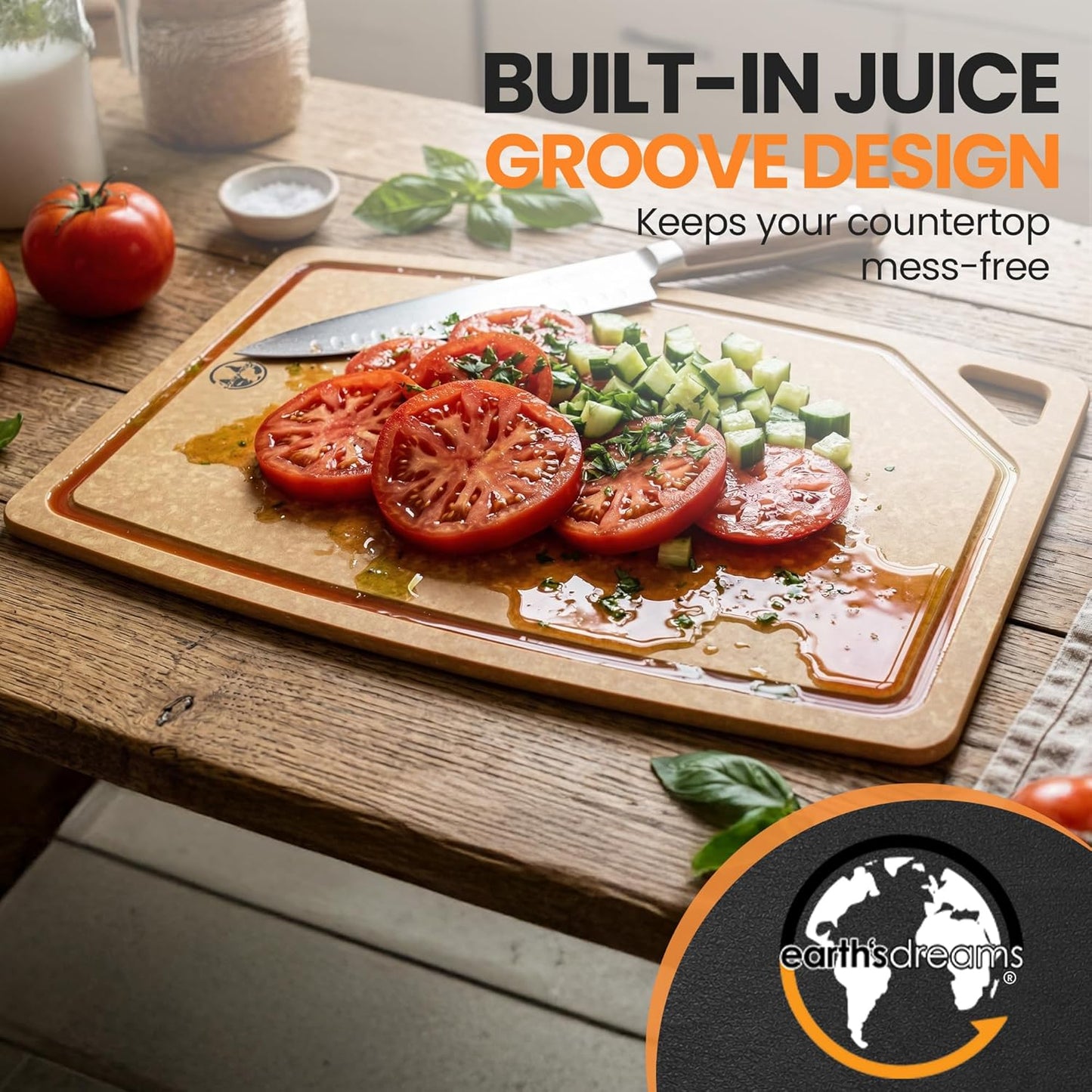 Earth's Dreams Composite Wood Cutting Board Set of 3 – Built In Juice Groove, Dishwasher Safe,Cutting Boards for Kitchen – Large, Medium & Small Non-Slip Wood Charcuterie & Chopping Boards (Tan/Black)