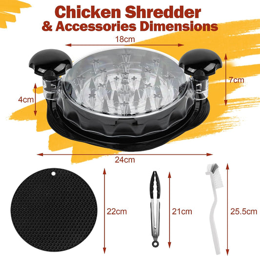 Chicken Shredder Tool Twist Large with Brush, Meat Tongs & Silicone Mat, BPA Free Meat Shredder Machine for Chicken Breast, Beef & Pork, Anti-Slip Base, Ergonomic Handles, Dishwasher Safe