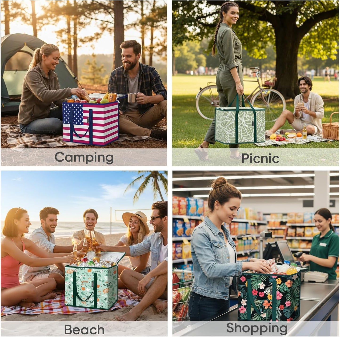 BALEINE 2Pk Insulated Reusable Grocery Bags, Collapsible Cooler Bag for Groceries, Heavy Duty Large Insulated Bag (16''x9''x13'', Antique Foliage)