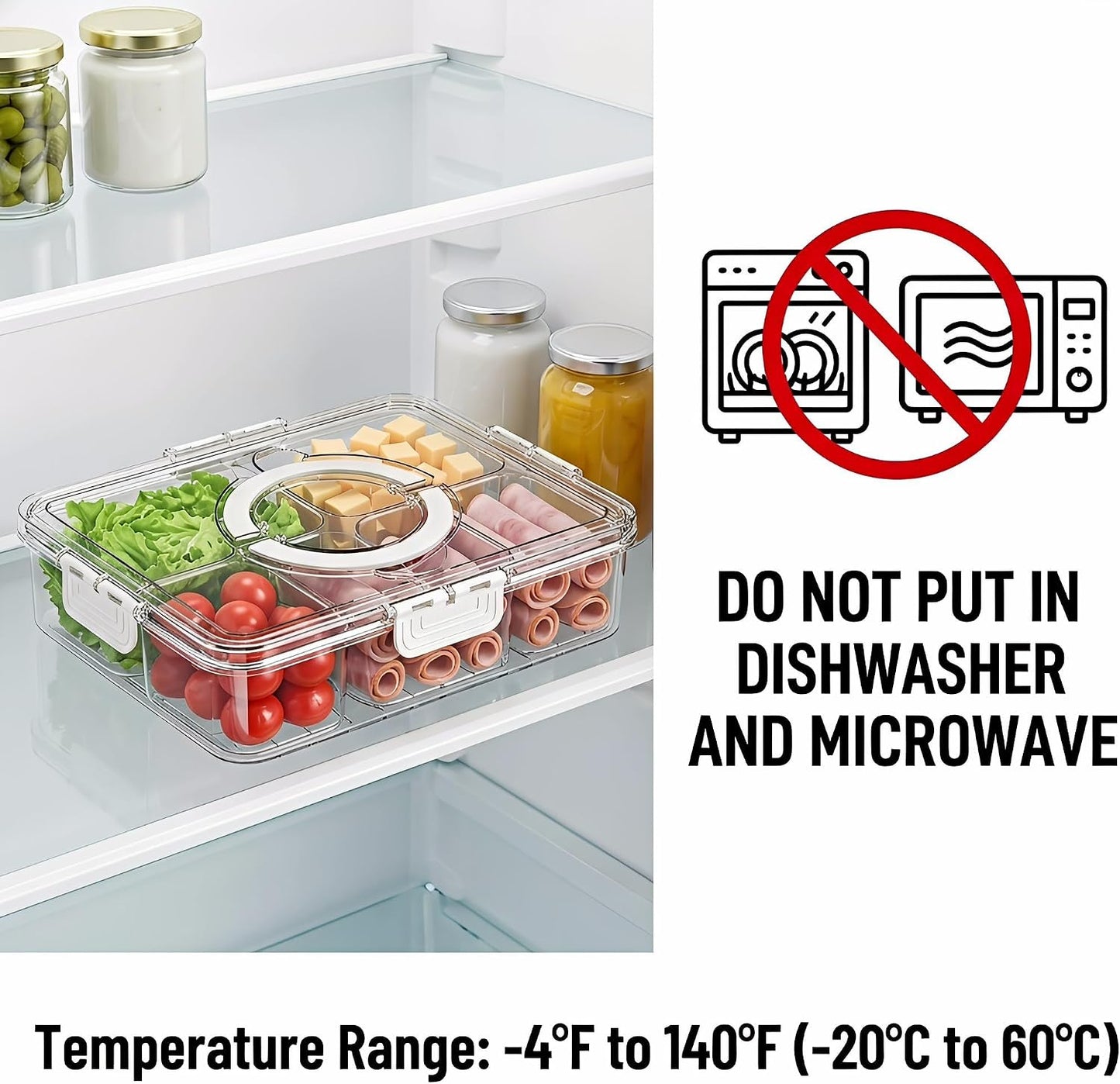 8 Compartments Divided Snackle Box Container with Lid & Handle,Portable Clear Serving Tray Platter for Fruit,Candy,Veggies,Snacks for Picnic,Travel,Beach,Entertaining