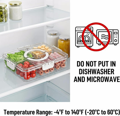 8 Compartments Divided Snackle Box Container with Lid & Handle,Portable Clear Serving Tray Platter for Fruit,Candy,Veggies,Snacks for Picnic,Travel,Beach,Entertaining