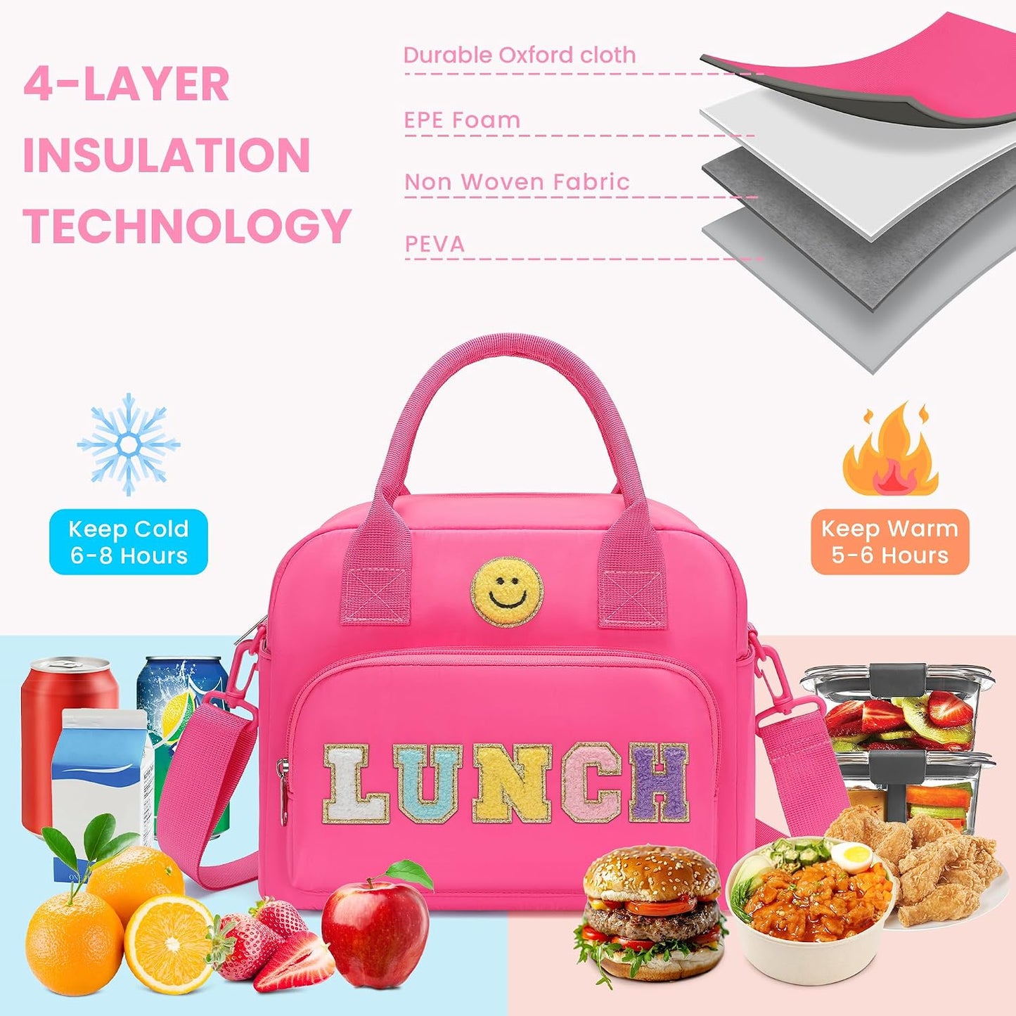 RLGPBON Insulated Lunch Bag Teen Girls, Preppy Lunch Box Large Insulated Lunch Bag Reusable Lunch Tote Bag, Preppy LunchBag for Girls School Travel Picnic