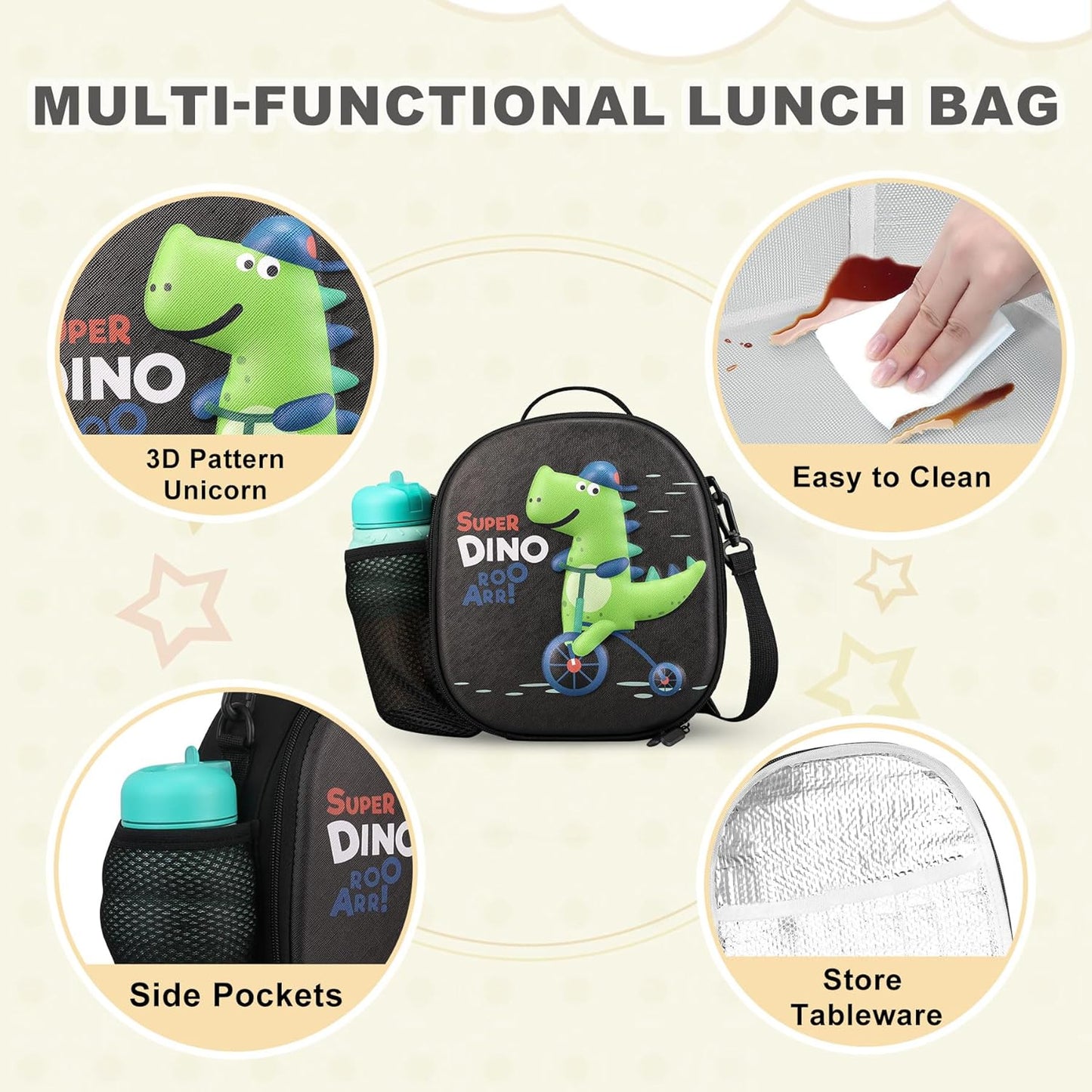 Kids Lunch Box for Kids Insulated Reusable Lunch Bag Tote Durable Children Leak-proof Lunchbox with Adjustable Shoulder Strap for School Daycare Travel Picnic (Navy - 3D Dinosaur)