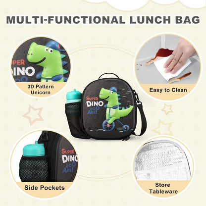 Kids Lunch Box for Kids Insulated Reusable Lunch Bag Tote Durable Children Leak-proof Lunchbox with Adjustable Shoulder Strap for School Daycare Travel Picnic (Navy - 3D Dinosaur)