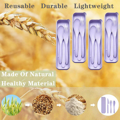 Reusable Travel Utensils Set with Case, 2 Sets Wheat Straw Portable Plastic Fork Spoons Knife Cutlery, Camping Eco-Friendly BPA Free Tableware for Kids Adults Work Picnic or Daily Use (Pink)