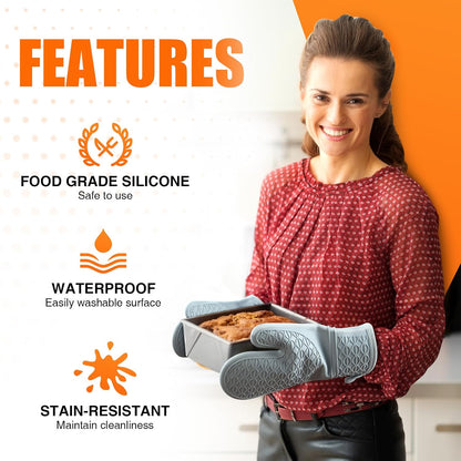 Silicone Oven Mitts, Heat Resistant 2PCS Oven Mitts with Soft Cotton Lining, Waterproof Non-Slip Grip Oven Glove, Kitchen Potholder Mits for BBQ, Baking, Cooking, 12.5 Inch - Grey